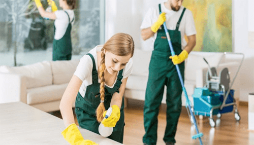 House cleaner small business ideas Professional cleaning staff working in a home interior, representing service-based small business ideas for startups.