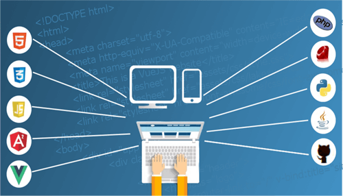 Hire the experts - tycoonstory | tycoonstory media Graphic showing web development technologies and analytics integrations connected to website analysis tools for monitoring site performance.