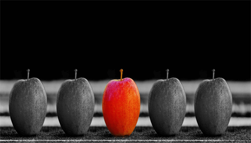 Uniqueness - tycoonstory | tycoonstory media A standout colorful apple among grayscale apples representing uniqueness and optimization for image seo