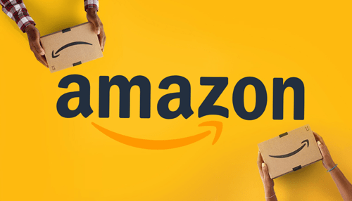 Amazon fba Hands holding amazon delivery boxes against a yellow background featuring the amazon logo.