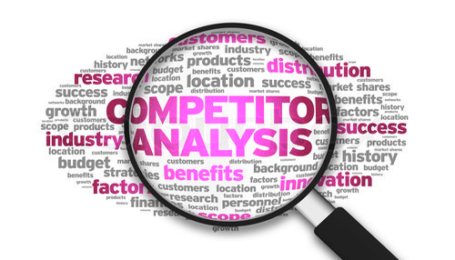 Business planning Competitor analysis for business planning, using a magnifying glass to examine the target market and identify opportunities.