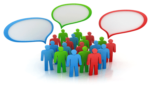 Colorful figures representing people gathered together with speech bubbles, symbolizing communication and networking in a business context Understanding the market through business networking
