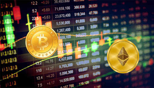 Bitcoin wallet Bitcoin and ethereum coins placed over a stock market graph, representing digital currencies and their tracking in a bitcoin wallet.