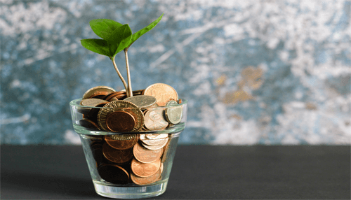 A glass jar filled with coins and a small plant growing out of it, symbolizing personal financial planning and growth.