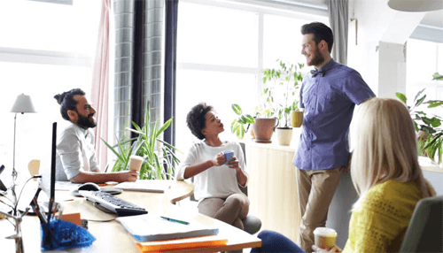 Office Summer season in the office showing team collaboration in a relaxed and well-lit environment