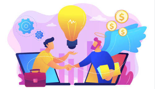 Successful angel investors Illustration of an entrepreneur shaking hands with an angel-winged investor emerging from a laptop, symbolizing angel investors providing funding and support for new business ideas.