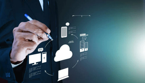 Go paperless Business professional using digital technology with cloud computing icons, showcasing modern data access through laptops.