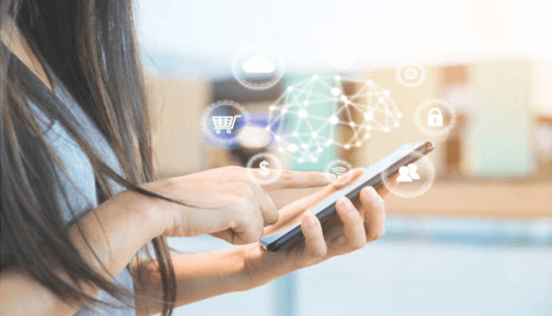 Integration of ai Woman using a smartphone with digital icons representing artificial intelligence in modern technology