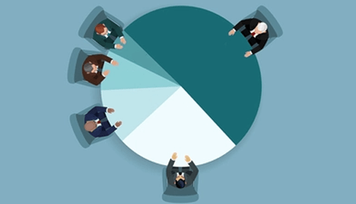 Differences between stakeholders vs. Shareholders An illustration of a group of people around a pie chart, symbolizing decision-making processes involving stakeholders and shareholders in a business