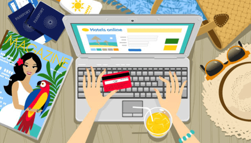 Online marketplace Illustration of online shopping on a laptop with travel items and credit card payment, showcasing creative online marketplace ideas for ecommerce platforms.