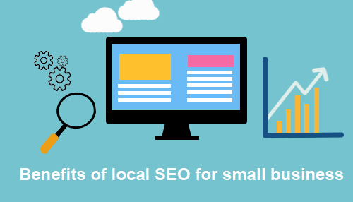 Local seo Benefits of local seo for small business illustrated with website screen, growth chart, and analytics highlighting local seo success.