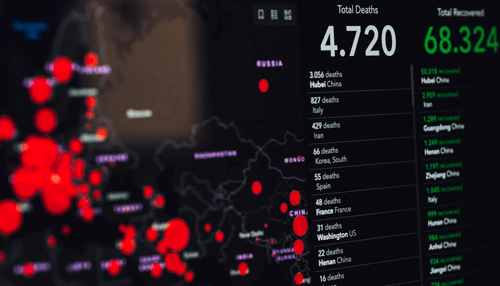 Cloud database A data dashboard displaying global outbreak statistics with a world map marked by red hotspots and numbers of total deaths and recoveries.