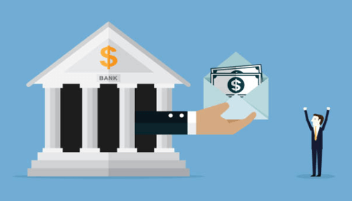 Bank funding-tycoonstory | tycoonstory media Financing options illustration showing a bank providing funds to a business owner.