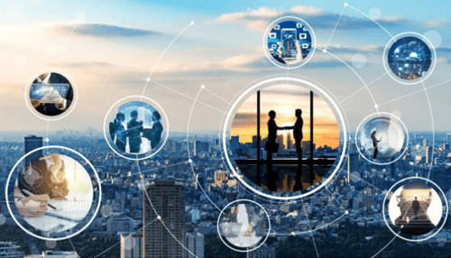 Benefits of startup incubators A city skyline with digital icons representing business growth, technology, and partnerships, emphasizing the role of startup incubators in fostering innovation.