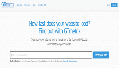 Gtmetrix Gtmetrix homepage interface used for analyzing website performance with website speed test tools.