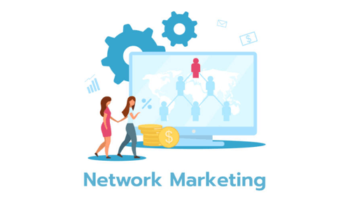 Network marketing-tycoonstory | tycoonstory media Illustration of two women walking toward a computer screen showing a global network marketing structure with gears and money symbols, representing network marketing