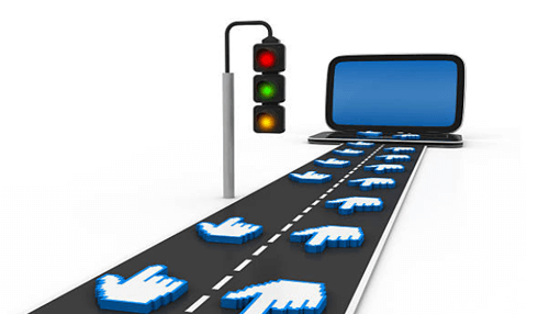 Website traffic-tycoonstory | tycoonstory media Seo concept illustration showing a laptop connected to a road with cursor icons and traffic lights representing search engine optimization strategy and website traffic flow