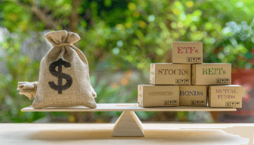 Diversify income-tycoonstory | tycoonstory media A balance scale with a bag of money on one side and investment options like stocks, bonds, and mutual funds on the other, representing the weighing of financial risks.