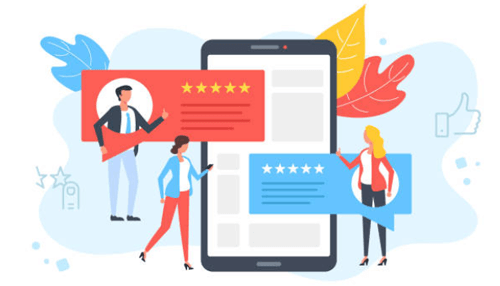Reviews-tycoonstory | tycoonstory media Marketing illustration showing customer reviews and star ratings displayed on a mobile screen, highlighting the importance of publishing successful cases and user feedback.
