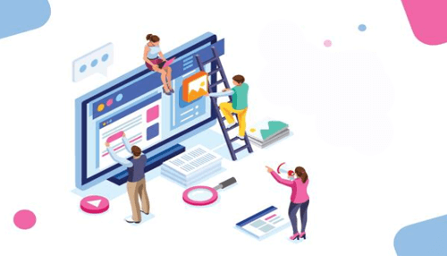 Structure campaigns-tycoonstory | tycoonstory media Illustration of a team working together on a large screen, designing and optimizing a website interface with various digital tools and icons.