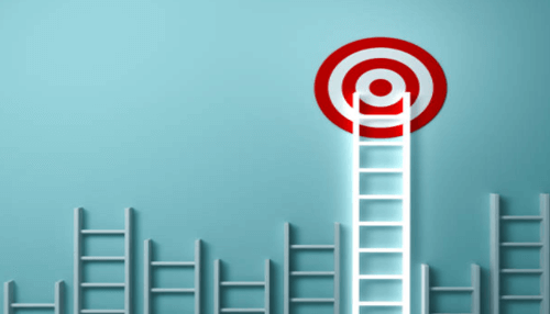 Focuse on your goals-tycoonstory | tycoonstory media Conceptual illustration of ladders leading to a red target, representing growth, strategy, and achieving long-term business goals.