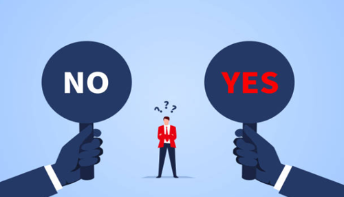 Business mentor A person standing between two signs saying'YES' and 'NO,' representing the decision-making guidance often provided by a business mentor.