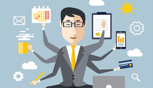 Analyze their technical skillset - tycoonstory | tycoonstory media Illustration of a multitasking software developer managing multiple tasks like coding, project planning, and productivity tools.