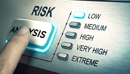 Risk management process A finger pressing a glowing “risk analysis” button beside a scale showing risk levels from low to extreme.