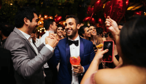 Facebook llive video streaming - tycoonstory | tycoonstory media A groom in a blue suit celebrating with guests holding drinks and balloons at a lively wedding reception, highlighting the value of expert advice for planning memorable events.