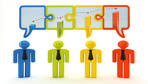 Stakeholders Colorful business figures with speech bubbles displaying growth charts, symbolizing communication and decision-making among stakeholders.