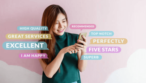 Importance of customer reviews-tycoonstory | tycoonstory media Smiling woman reading and sharing an interesting product reviews on her phone, surrounded by positive review words like excellent and five stars.