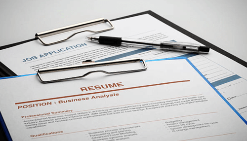 Resume and cover letter writing service-tycoonstory | tycoonstory media A close-up of a cv and job application for the position of business analyst, having a pen on a clipboard.