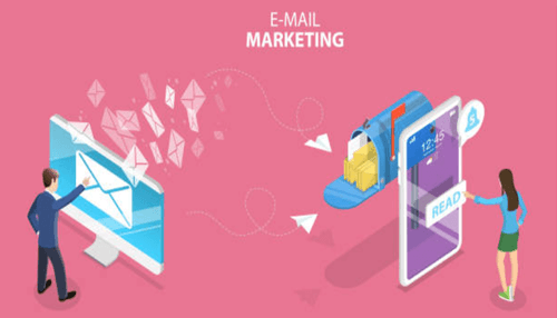 Improve customer experience with email marketing-tycoonstory | tycoonstory media A split image showing two computer monitors facing each other. A hand emerges from the left screen holding out a credit card, and a hand emerges from the right screen holding a brown paper shopping bag, representing an online transaction or e-commerce purchase as part of the customers' Digital Experience.