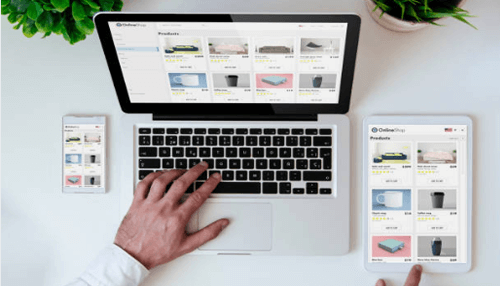 Ways to build a strong web presence-tycoonstory | tycoonstory media Multi-device ecommerce dashboard showing website products across laptop, tablet, and smartphone screens