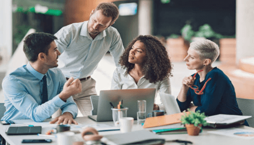 Making the decisions for business A collaborative session where in-house it experts and colleagues review technical data on a laptop in a modern office.