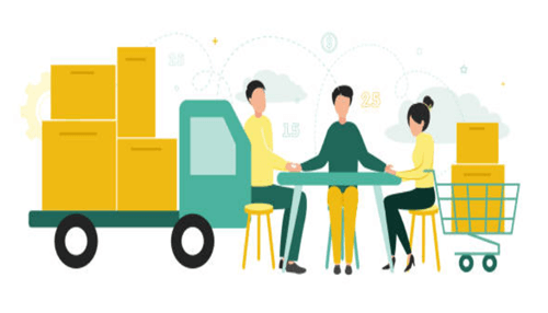 Truck factoring company An illustration of a truck with boxes and people collaborating around it, representing the logistics, shipping, and supply chain management involving trucks.