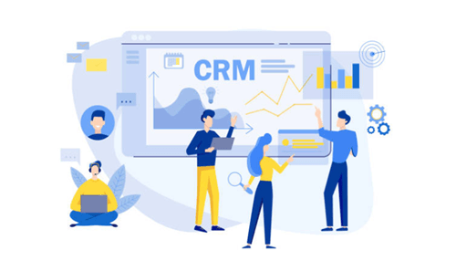 Crm Illustration of a team analyzing crm data on a large dashboard with charts and graphs.