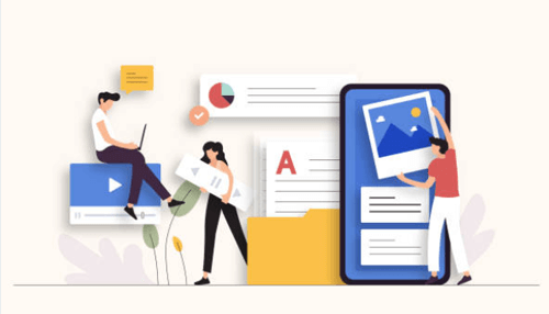 Types of crm software Illustration of team members managing digital content and data, representing the functionalities offered by different types of crm software.