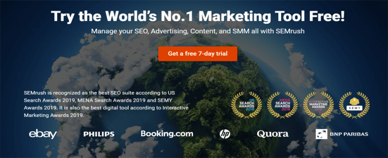 Semrush Semrush marketing platform banner offering a free trial for seo, advertising, content, and social media management