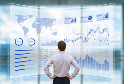 How to derive a sales forecast Individual analyzing sales forecast data on a futuristic digital screen showing charts, graphs, and world map visualizations