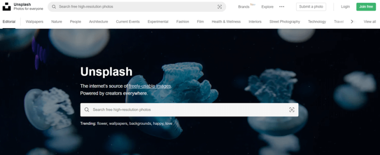 Unsplash Unsplash homepage featuring free high-resolution stock photos with a search bar and creative background visuals