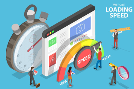 Seo Illustration of website loading speed optimization with stopwatch and performance gauge, showing how faster page speed improves seo and user experience.