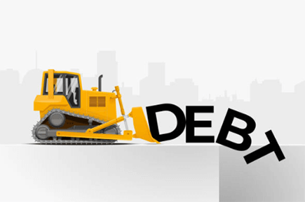 Debt free-tycoonstory | tycoonstory media Illustration of a bulldozer knocking down the word debt, symbolizing financial recovery.
