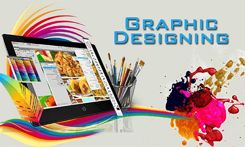 Graphics design-tycoonstory | tycoonstory media Graphic designing tools with colorful paint splashes, a tablet, and design brushes showcasing creative digital art and design.