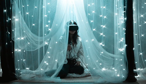 Virtual reality gaming -tycoonstory | tycoonstory media Virtual reality experience illustrating immersive technology and innovation in game development, with a user wearing a vr headset in a creative space.