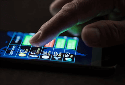 Cryptocurrency trading Close-up of a hand selecting cryptocurrency options like btc and eth on a mobile app, showcasing cryptocurrency trading on the go