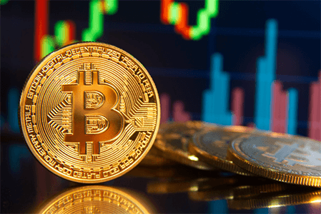 Sports betting A shiny gold bitcoin coin placed in front of a colorful digital trading chart, symbolizing cryptocurrency trends and their connection to sports betting.