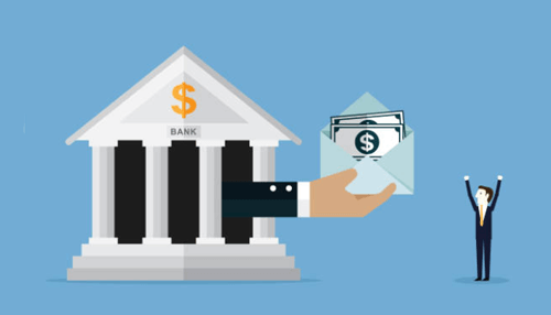 Expect the need to personally guarantee the loan - tycoonstory | tycoonstory media Commercial loan illustration showing a bank building handing over money in an envelope, symbolizing personal guarantee requirements for business financing.