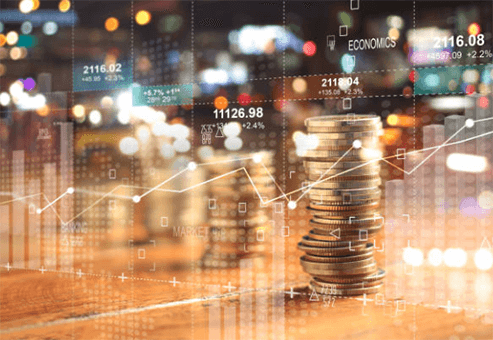 Investing in tech stocks-tycoonstory | tycoonstory media Stacks of coins with digital graphs and charts overlay, illustrating the concept of investing in tech stocks and tracking economic growth.