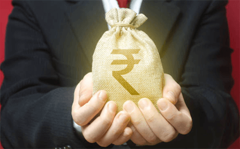 Finance your business startup A person in a suit holding a small burlap money bag with a glowing indian rupee ($\text{₹}$) symbol, representing the need to finance your business startup.